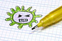 covid virus (orthocoronavirinae) drawn with colored pencils on a school notebook.