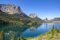 St. Mary's Lake along the Going to the Sun Road in Glacier National Park. Mountain peaks rise from the top of Going to the Sun Road in Glacier Nationa...