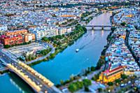 Aerial view of downtown Seville (Spain). Photo taken with a tilted lens for a shallower depth of field.