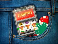Online casino. Mobile phone or smartphone with slota machine jackpot on the screen in pocket of jeans. 3d illustration.