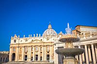 ROME, VATICAN STATE - AUGUST 20, 2018: Saint Peter Cathedral in Vatican with the famous Cupola, early morning daylight and still few tourists.