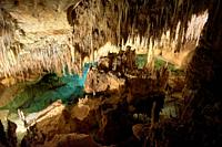 Caves of Drach, Mallorca, Spain. Growth and contraction in constant cycle, limestone formations, stalactites, stalagmites, columns, epelothems
