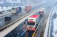 Near white out conditions on the M74 motorway near Lesmahagow in South Lanarkshire Scotland during a January snowstorm.