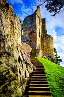 Dirleton Castle, a ruined medieval fortress in the village of Dirleton, East Lothian, Scotland.