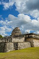 View of the circular building El Caracol, the observatory in the Chichen Itza Archaeological Zone (UNESCO World Heritage Site) on the Yucatan Peninsul...