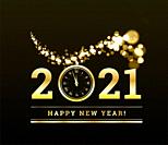 Happy New Year 2021 with gold particles and a clock in the number zero. Vector golden illustration on a dark background.