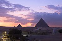 The pyramids of Khafre and Menkaure at sunset, Giza, Egypt.