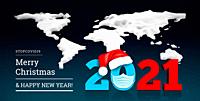 Happy New Year 2021 on the background of a snowy ice world map. Numbers 2021 under the hat of Santa Claus and medial face mask. Against coronavirus, c...