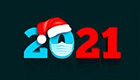 Happy New Year 2021. Figures under the hat of Santa Claus and medial face mask. Against coronavirus, covid-19. Vector illustration on dark blue backgr...