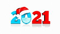 Happy New Year 2021. Figures under the hat of Santa Claus and medial face mask. Against coronavirus, covid-19. Vector illustration on white background...