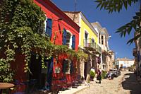 View to the traditional houses with balconiesat the town center of Cunda or so-called Alibey Island-Alibey Adasi, Ayvalik, Balikesir, Aegean Region, T...