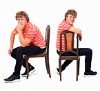 same man curly with casual clothes on a chair on white background,.