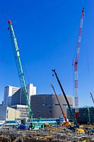 January 29, 2020, Tokyo, Japan - Cranes are seen in a construction zone in Toyosu area.