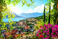 Picturesque sea view of Boka Kotor bay, Montenegro, Kotor old town.
