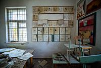 Classroom in old secondary school in Mashevo abandoned village of Chernobyl Nuclear Power Plant Zone of Alienation in Ukraine.
