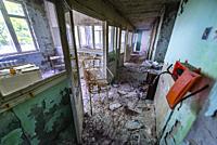 Maternity ward in Hospital No. 126 of Pripyat ghost city, Chernobyl Nuclear Power Plant Zone of Alienation around nuclear reactor disaster, Ukraine.