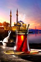 Turkish tea in the background of Istanbul.