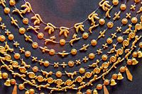 Egypt, Cairo, Egyptian Museum, detail of a gold necklace found on the coffin of Queen Ahhotep, in her tomb, Dra Abu el Naga, Luxor. This kind of colla...