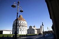 Perspective view of the architecture of the Piazza dei Miracoli in Pisa Tuscany Italy.