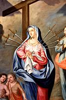 Baroque painting of the altarpiece: Our Lady of the Seven Sorrows. Jesus Christ in the tomb, the Virgin Mary and St. John. Details. This altarpiece (u...