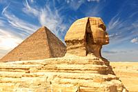 The Great Sphinx and the Pyramid of Cheops, Giza, Egypt.