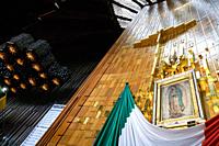 The cloak of Saint Juan Diego Cuauhtlatoatzin hangs on the wall at the Basilica of Our Lady of Guadalupe in Mexico City, Mexico.