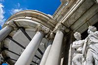 A statute towers above the entrance of the Palacio de Bellas Artes (Palace of Fine Arts) in Mexico City, Mexico.