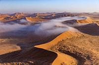 Namibia, Hardap region, Namib Desert, Namib-Naukluft National Park, Namib Erg listed as UNESCO World Heritage, Sossusvlei dunes, with mist.