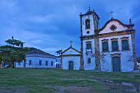 Paraty, Old city street view with a Colonial church, Brazil, South America.