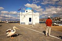 Pelican the town mascot and a tourist in front of the blue domed church by the sea at the town center, Mykonos, Cyclades Islands, Greek Islands, Greec...