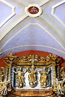 God, Jesus Christ and the Virgin Mary. The Holy Trinity. Sculptures. Altarpiece, (work of Jacques Clairant). Church of Notre-Dame de la Gorge. Les Con...