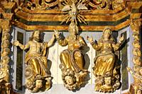 God, Jesus Christ and the Virgin Mary. The Holy Trinity. Sculptures. Altarpiece, (work of Jacques Clairant). Church of Notre-Dame de la Gorge. Les Con...