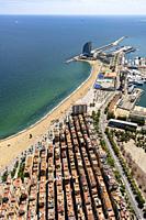Aerial view of La Barceloneta neighborhoud. Barcelona, Spain.