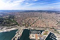 Aerial view of Barcelona from the sea. Barcelona, Spain.