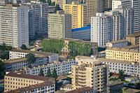Pyongyang, North Korea, Asia - Cityscape with residential buildings in the city centre of the North Korean capital as seen from the viewing platform o...