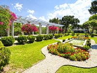 Sunken Garden and Pergola at historic Spanish Point museum and environmental complex in Osprey, Florida. USA.