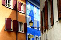 Street scene with lantern in historic part of Nyon, canton Vaud, Switzerland, Europe