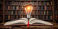 Education, knowledge and innovation concept background. Light bulb with mortar board on open book in vintage library. 3d illustration.