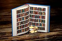 Education, knowledge and learning concept background. Books on bookshelf as book and school desk and chair. 3d illustration.