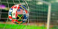 Soccer Football ball with flags of North America countries in net on football stadium. North America concacaf championship 2021. 3d illustration.