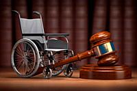 Disability law and social services for disabled people concept. Wheelchair and gavel. 3d illustration.