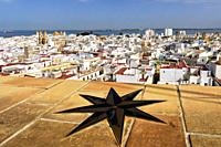 View of the old town from the Torre Tavira, Cadiz, Cadiz Province, Costa de la Luz, Andalusia, Spain. The church is that of San Antonio.