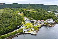 Aerial view from drone of Crinan Canal at Crinan in Argyll & Bute, Scotland, Uk.