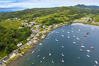 Aerial view from drone of village and harbour at Tayvallich on Loch Sween in Argyll & Bute , Scotland, UK.