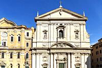 Front facade of Santa Maria in Vallicella, also called Chiesa Nuova, a Baroque architecture style church in Rome, Italy.