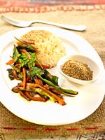 little sun brown rice, with carrots, green beans, kombu seaweed and gomasio.