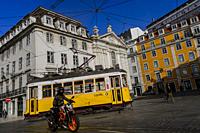 Tram in Lisbon streets (Portugal).
