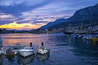 Boats in the harbour of Makarska in the evening. Split-Dalmatia, Croatia, Europe.