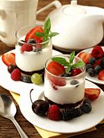 Yogurt with berries. Cherries, raspberries, blackberries, blueberries, goosberries, strawberries.