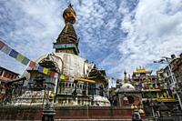 Kathmandu, Nepal - September 2021: Kathesimbhu stupa is located between Thamel and Durbar Square in the heart of Kathmandu on September 21, 2021 in Ka...